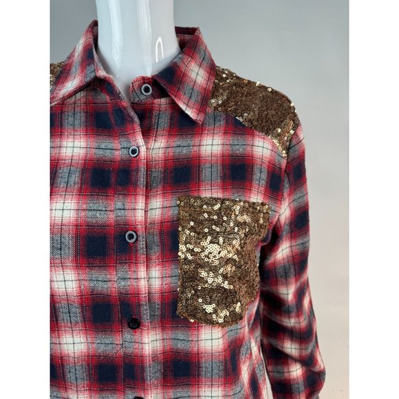E2 Plaid and Sequin Western Styled Shirt M Red Blue Cotton Vintage - Picture 16 of 16